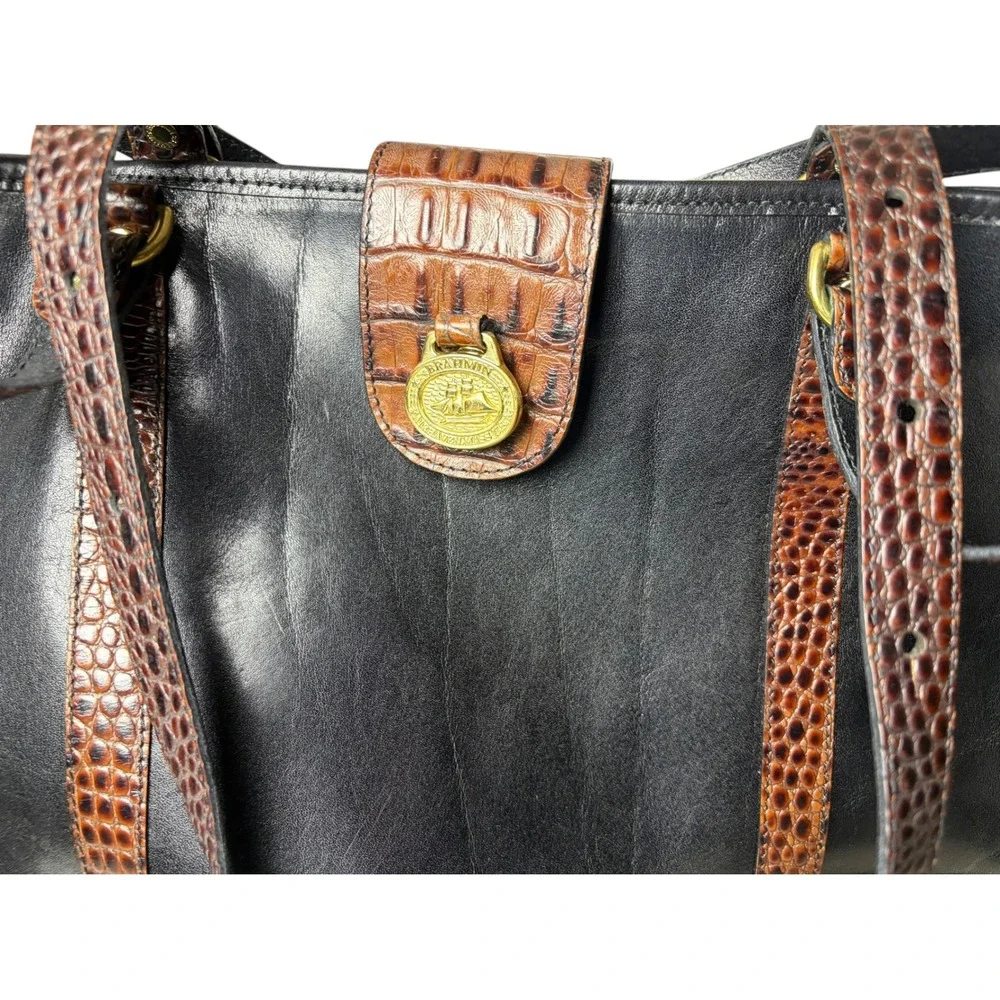 Brahmin Vintage Black Leather Croc Embossed Trim Tote Shoulder Bag Brown Accents